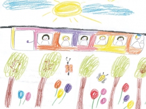 Eine Bahn, die über den Bäumen und Häusern fährt, sodass unten, auf dem boden, die Natur Platz hat. (Lea, 6 Jahre)